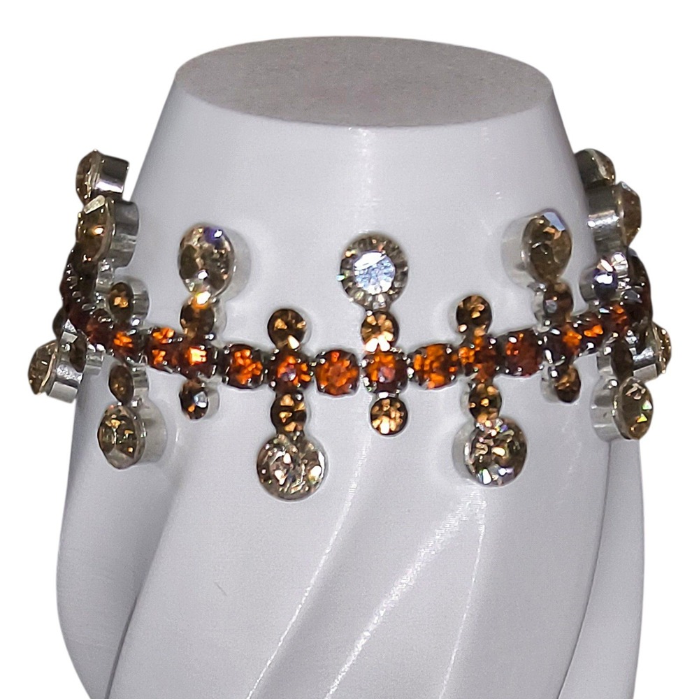 Vintage Amber Champagne Rhinestone Bracelet Silver Tone Atomic Cocktail Glam 7"